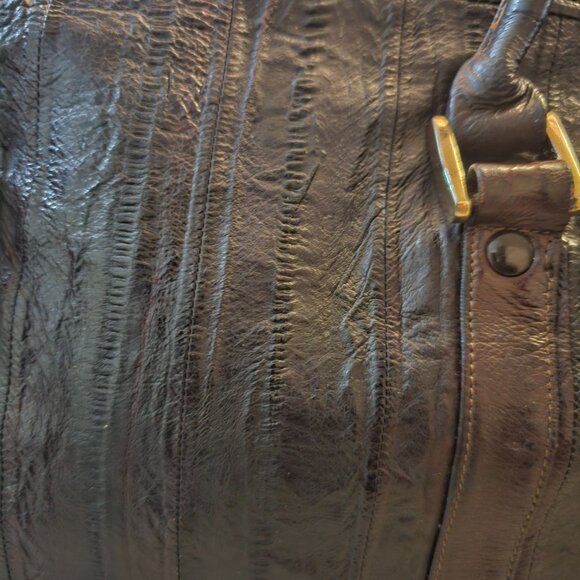 Vintage Eel Skin Genuine Leather Brown Handbag With Double Handles & Zip Closure - Picture 12 of 13